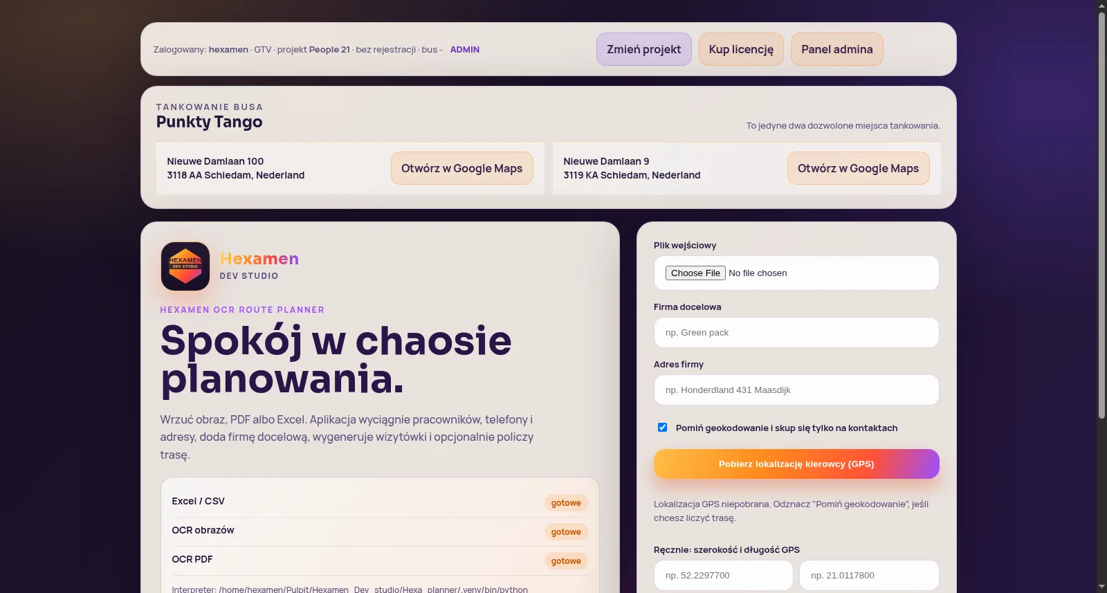 Pełny widok interfejsu Hexamen Fleet Manager