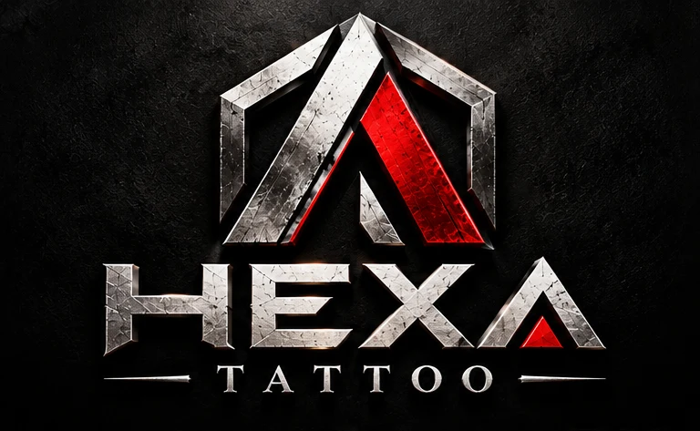 Metaliczny znak HEXA TATTOO z czerwonym geometrycznym akcentem