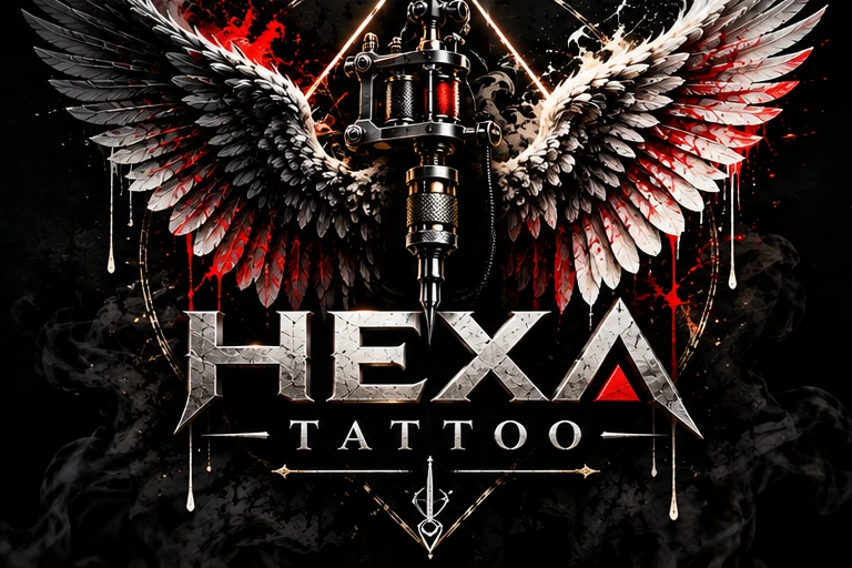 Skrzydlata maszynka do tatuażu nad metalicznym znakiem HEXA TATTOO